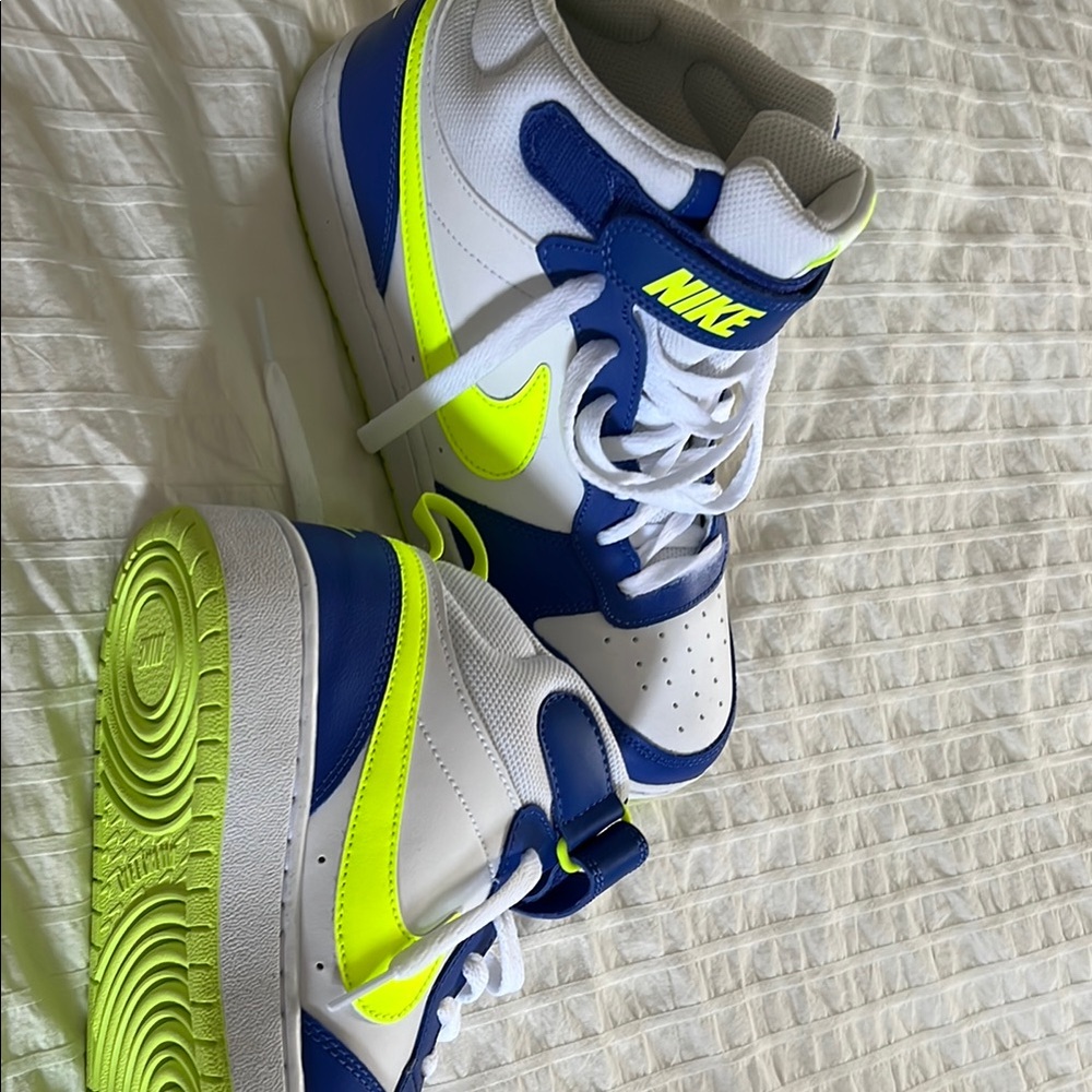 Nike High-Top Sneakers in White, Blue, and Neon Yellow